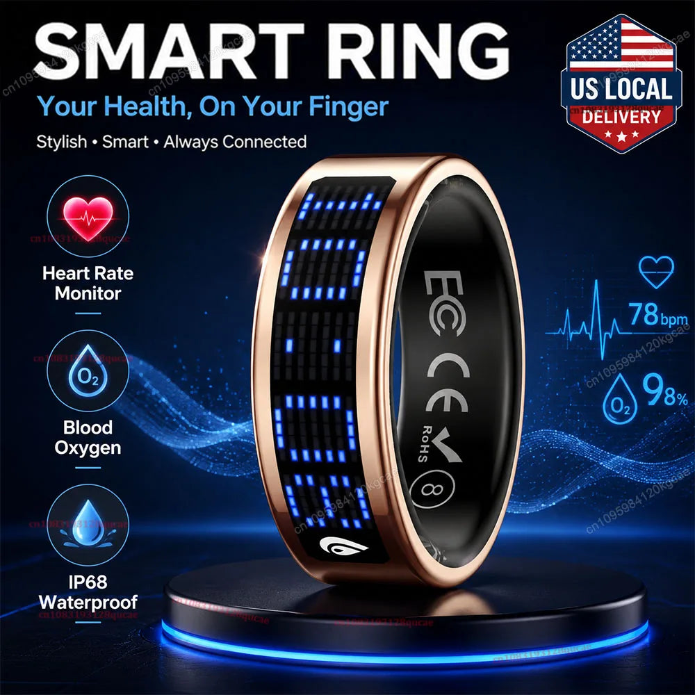 US Local Smart Ring with LED Display Screen Call Reminder Heart Rate Blood Oxygen Monitor IP68 Waterproof Multi Sports Mode Gift