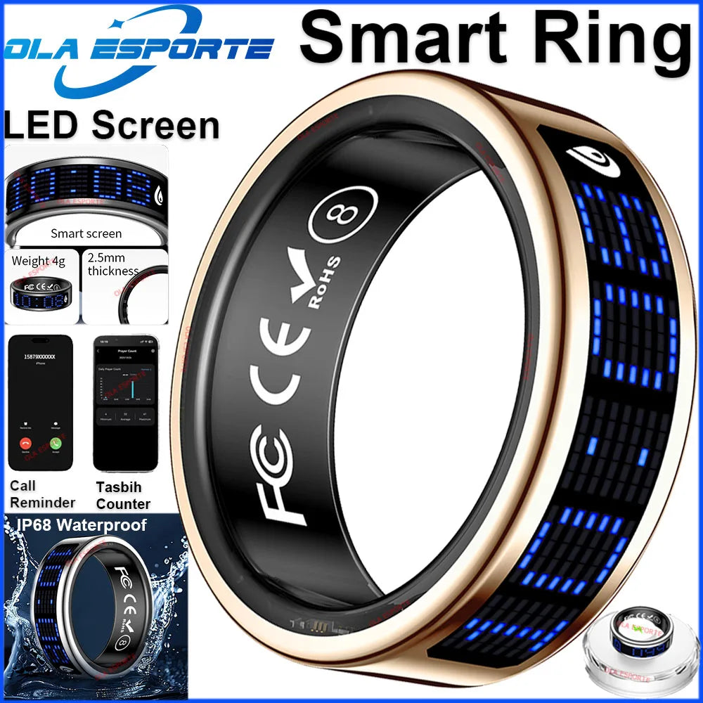 US Local Smart Ring with LED Display Screen Call Reminder Heart Rate Blood Oxygen Monitor IP68 Waterproof Multi Sports Mode Gift