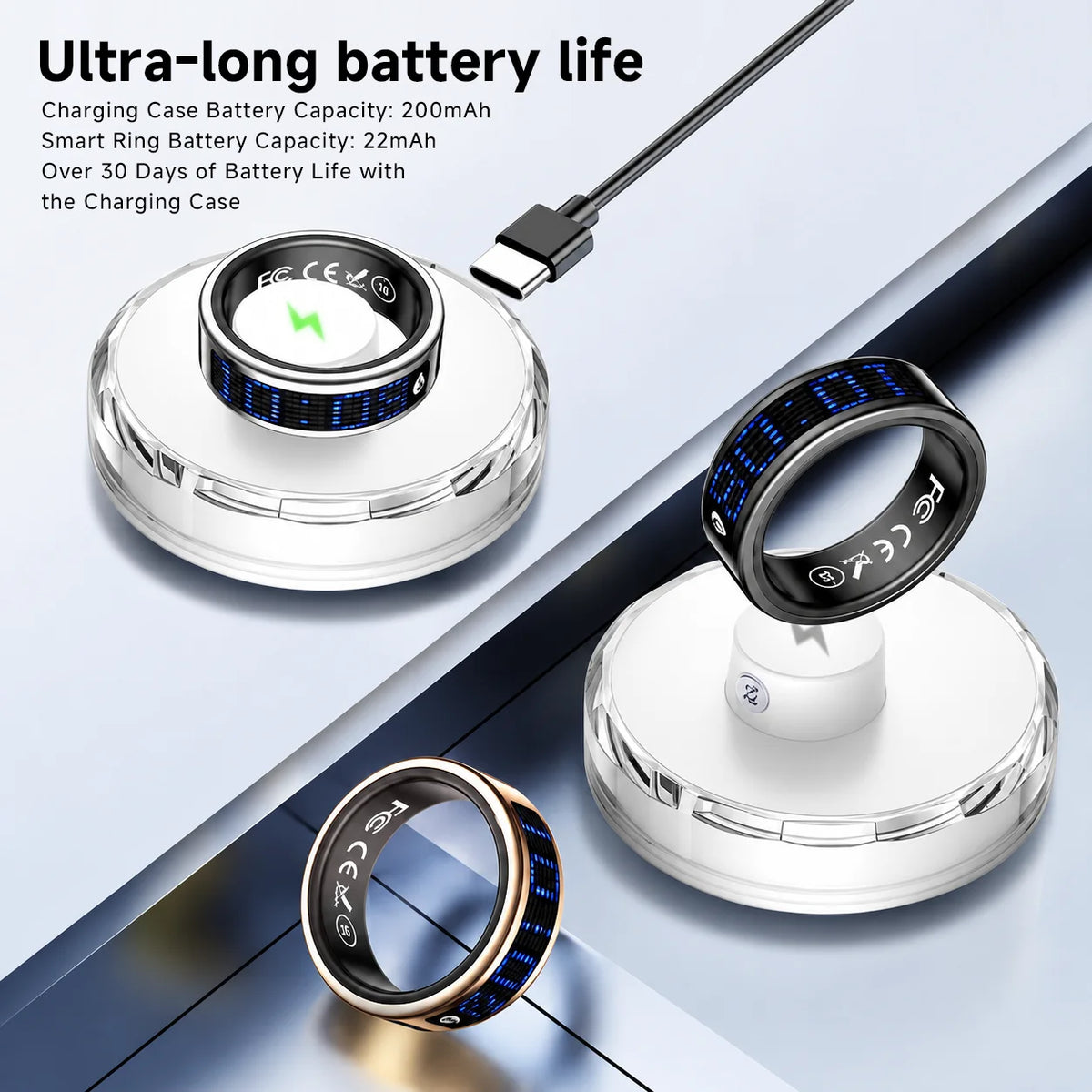 US Local Smart Ring with LED Display Screen Call Reminder Heart Rate Blood Oxygen Monitor IP68 Waterproof Multi Sports Mode Gift