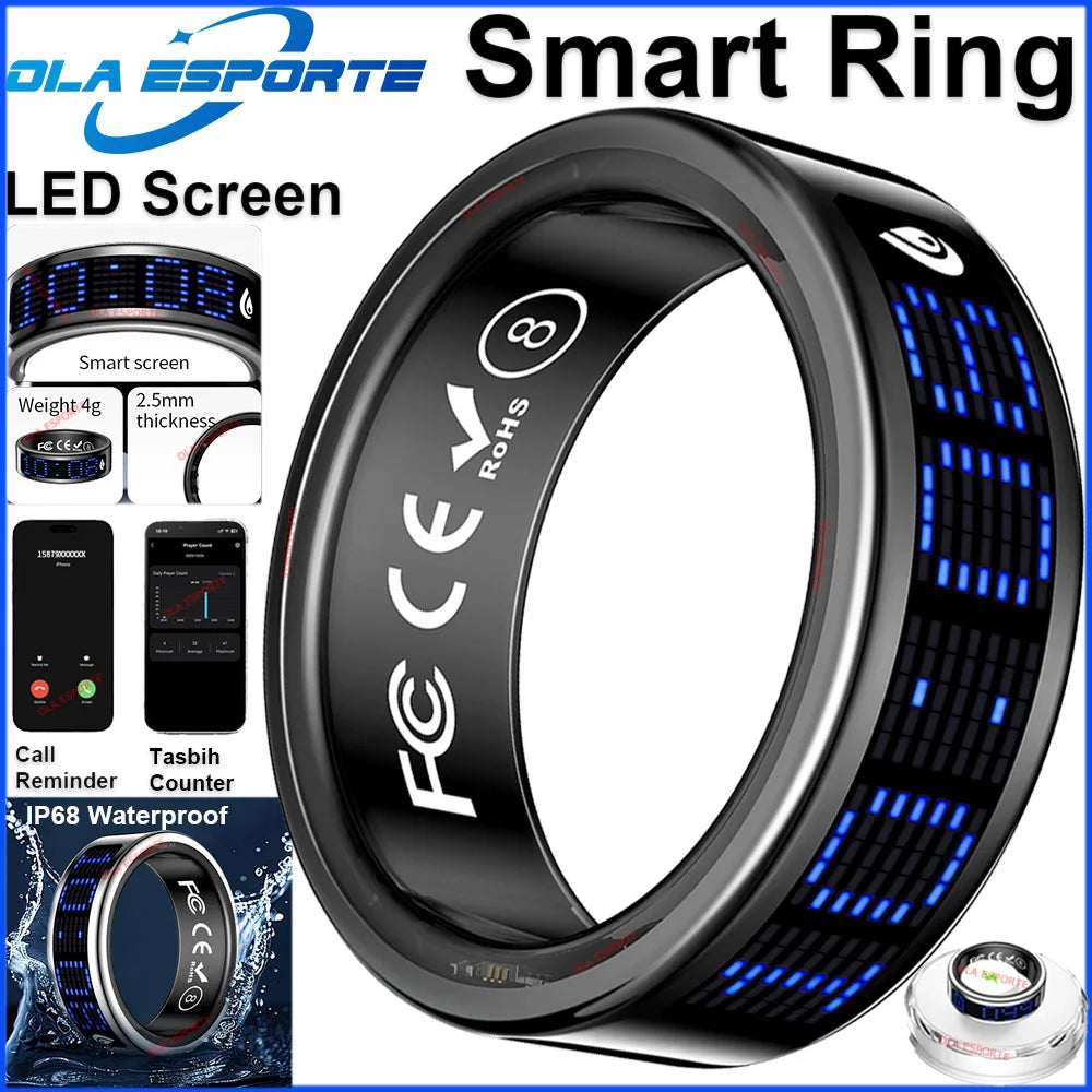 US Local Smart Ring with LED Display Screen Call Reminder Heart Rate Blood Oxygen Monitor IP68 Waterproof Multi Sports Mode Gift