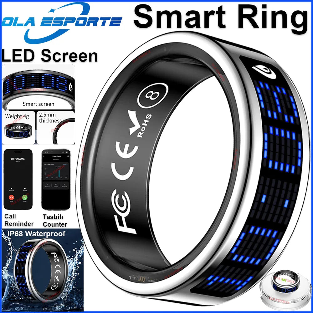 US Local Smart Ring with LED Display Screen Call Reminder Heart Rate Blood Oxygen Monitor IP68 Waterproof Multi Sports Mode Gift
