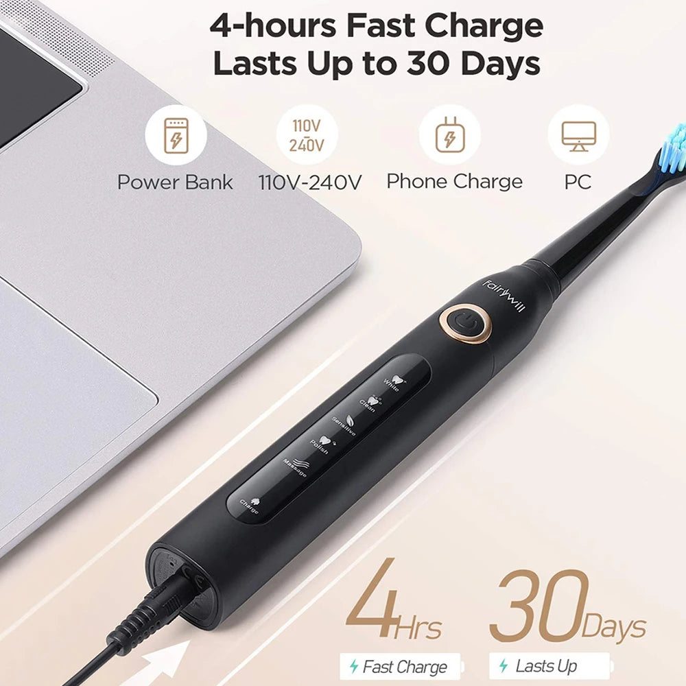 Fairywill Electric Sonic Toothbrush FW-507 USB Charge Rechargeable Adult Waterproof Electronic Tooth Brushes Replacement Heads 8