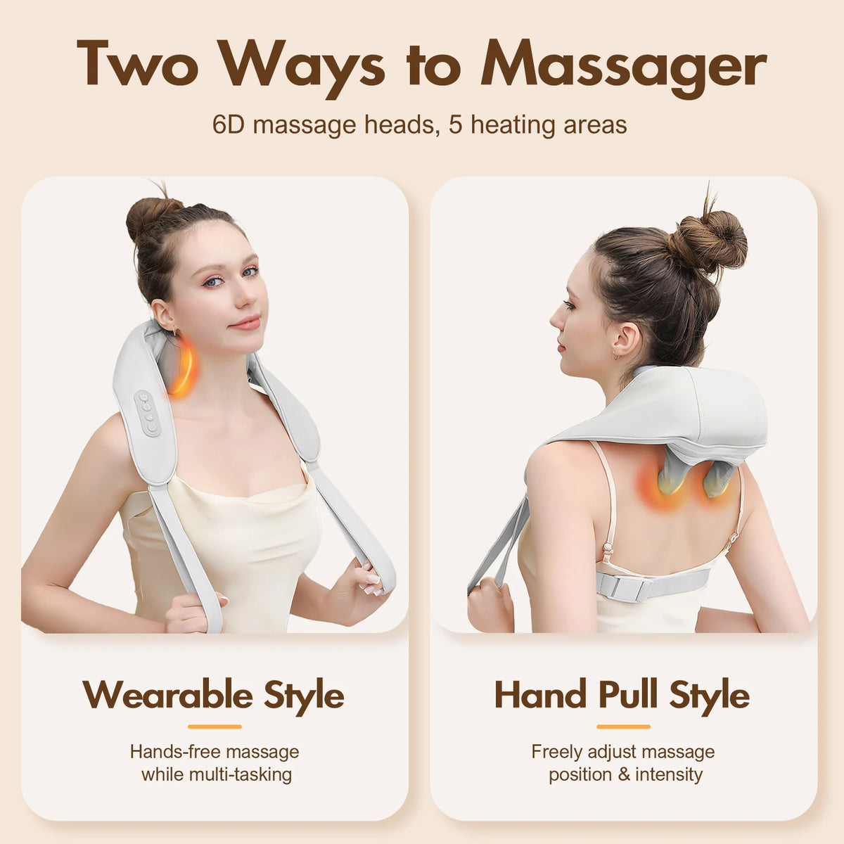 Cordless Electric Neck Massager 6D Kneading Shiatsu Back Massager Soothing Heat Pain Relief Deep Tissue for Shoulder Leg Body