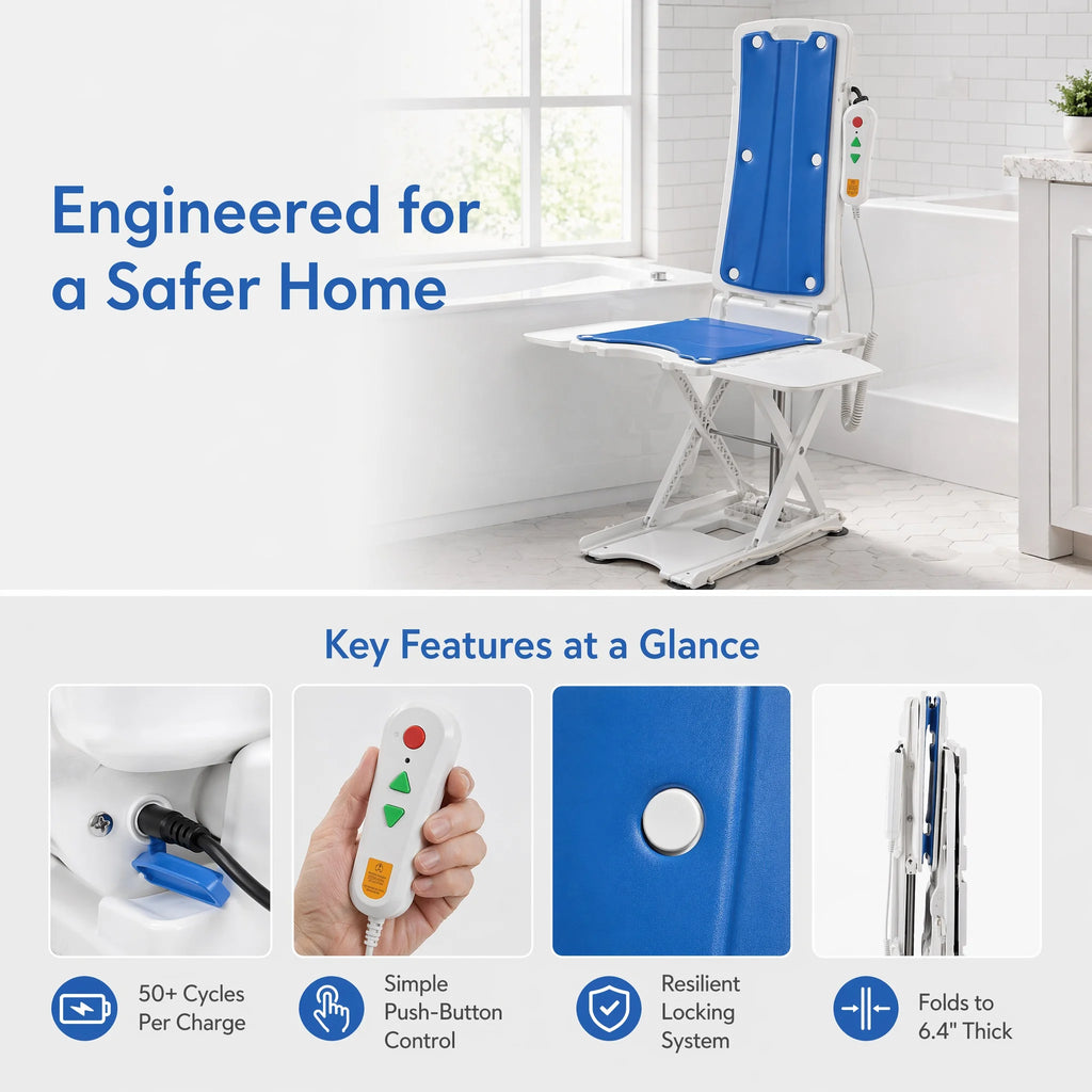 Electric Chair Lift for Elderly, Bath Lift for Tub, 308 lbs | Lift assist, IP68 waterproof, foldable and rechargeable, remote control, adjustable height, for fall recovery and home care