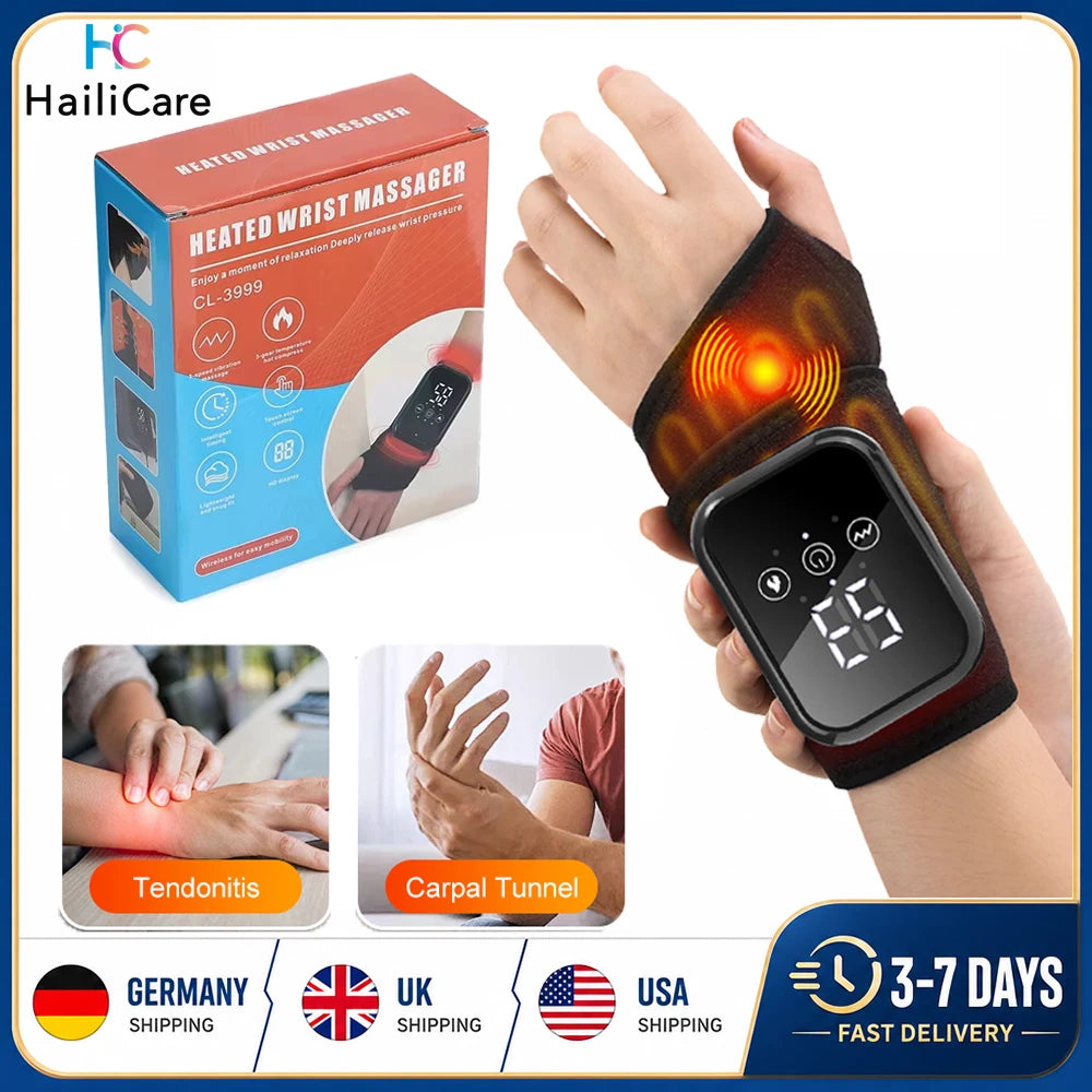 Electric Hand Wrist Massager With Heat And Vibration Cordless Heated Wrist Pad Support Brace Wristband For Tendonitis Carpal Tunnel Relief