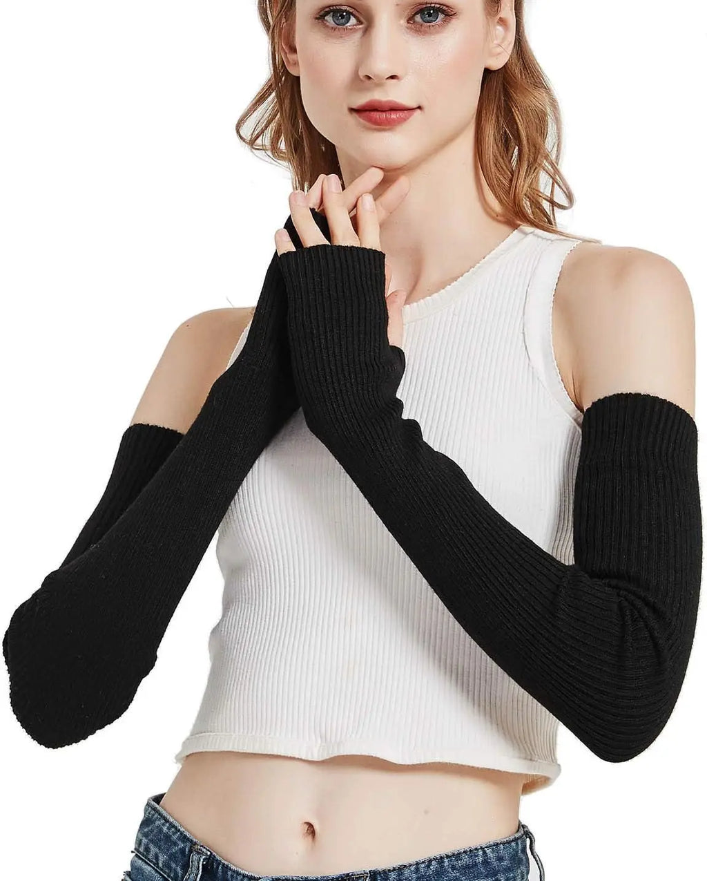 Wool Blend Warm Arm Warmers Super Soft Long Fingerless Gloves for Women