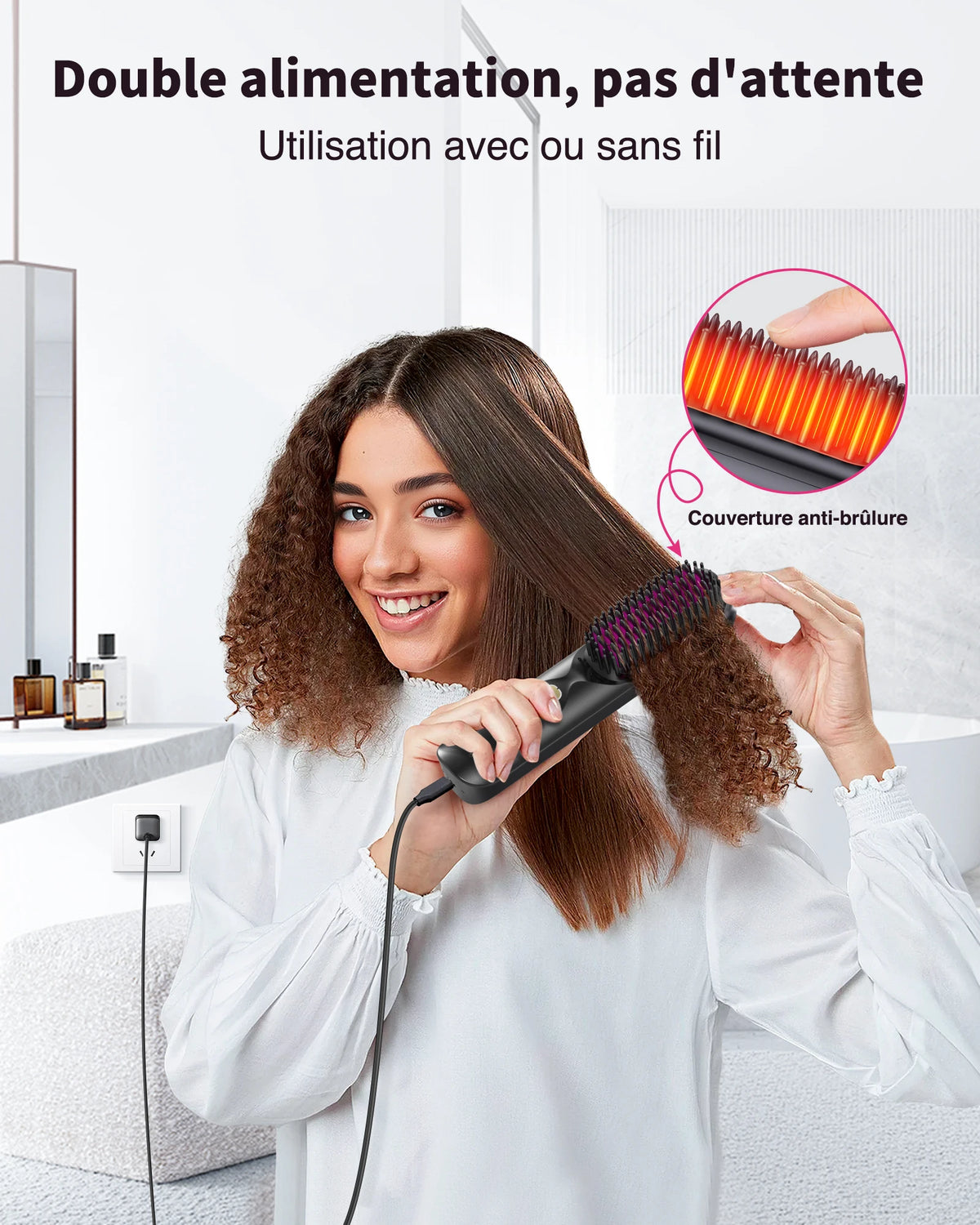 Cordless Hair Straightener Portable Brush 30s Fast Heating 10000mAh Rechargeable 300 Million Negative Ions Straightening Comb