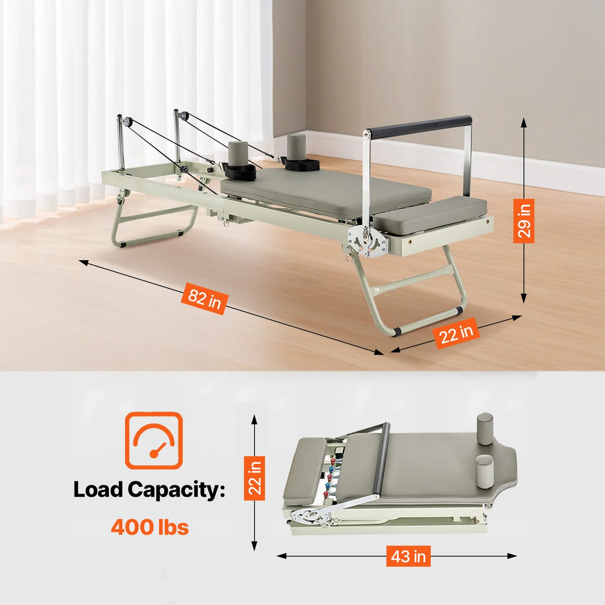 SucceBuy Foldable Pilates Reformer Pilates Workout Machine for Home Gym Studio Use Pilates Bed with Dual Resistance-Spring&Cord