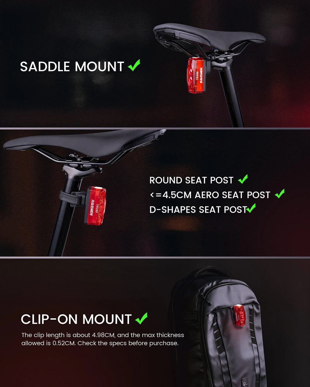 RAVEMEN TR250 Bike Rear Light Rechargeable Bicycle Taillight Lamp With ABM07 Mount Brake Sensor Auto on-off 250 LED lumens IPX6