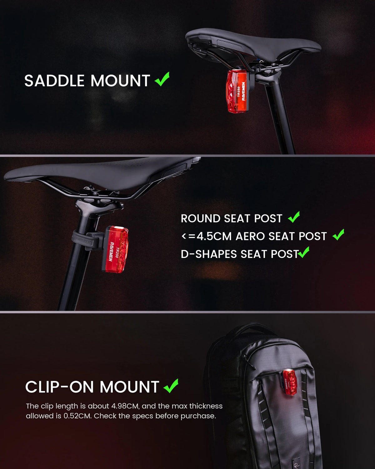RAVEMEN TR250 Bike Rear Light Rechargeable Bicycle Taillight Lamp With ABM07 Mount Brake Sensor Auto on-off 250 LED lumens IPX6