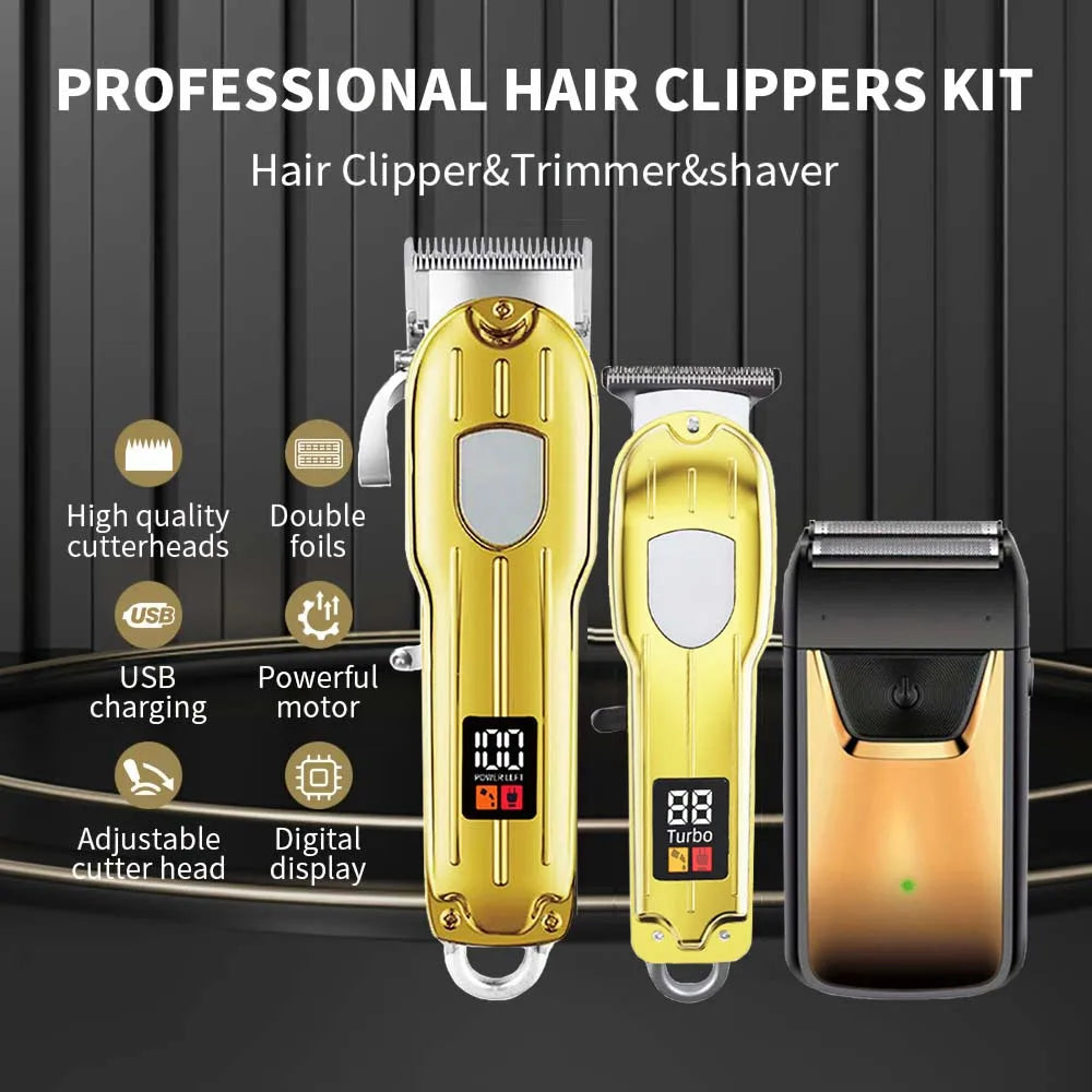 Professional 3-in-1 Hair Clipper Set for Men – Cordless Electric Shaver, T-Blade Trimmer & Hair Clipper with LCD Display, USB Charging, Beard & Hair Grooming Kit for Barber & Home Use , Gifts