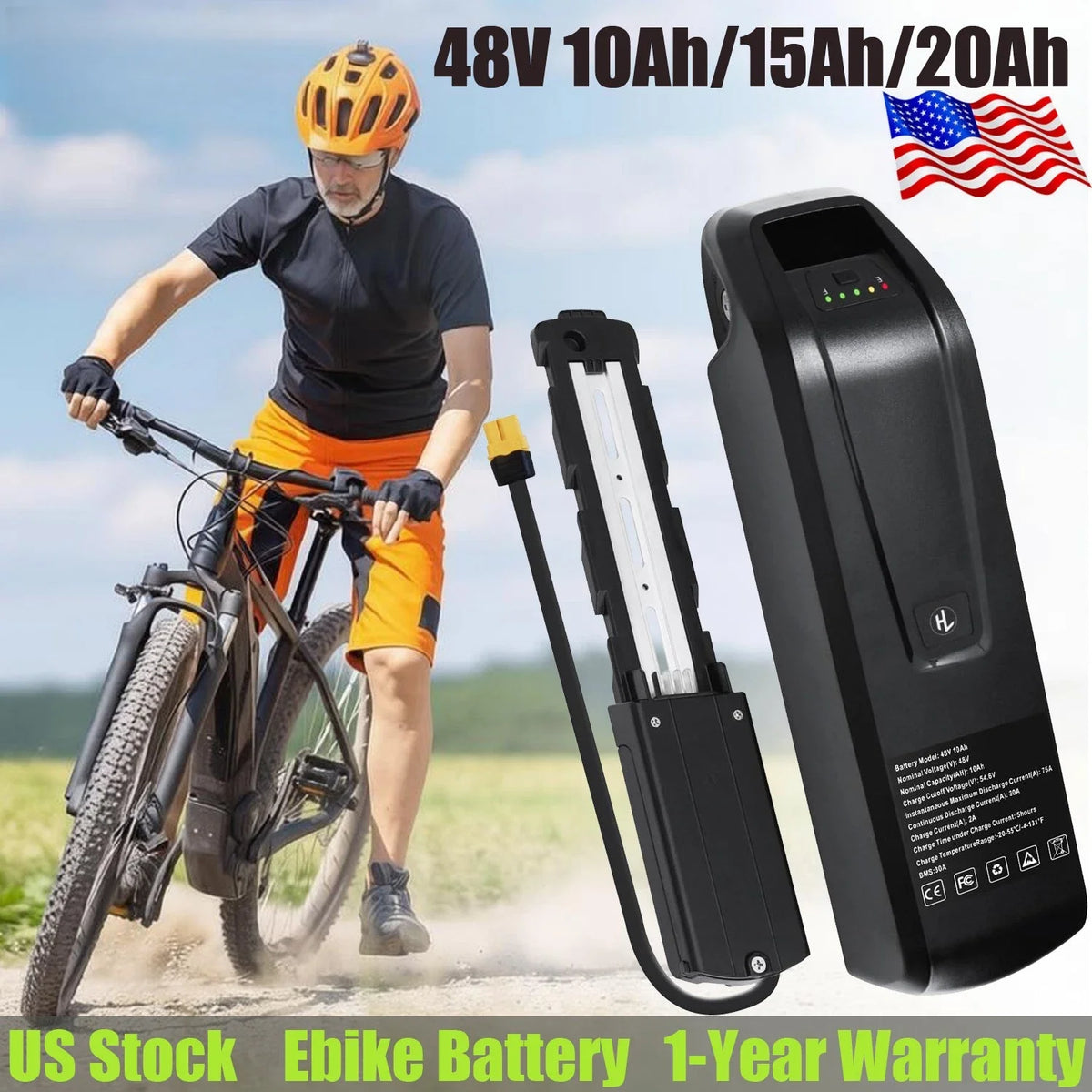 [US Direct ] 48V 20AH E-Bike Battery Genuine Aleaivy 48V 10Ah/15Ah/20Ah 200W -1500W Electric Bicycle Bike Ebike 18650/21700 Lithium Battery Pack 30A BMS for Bafang BBS02 BBS03 BBSHD Motor With 54.6V 2A Charger, XT60 Connector