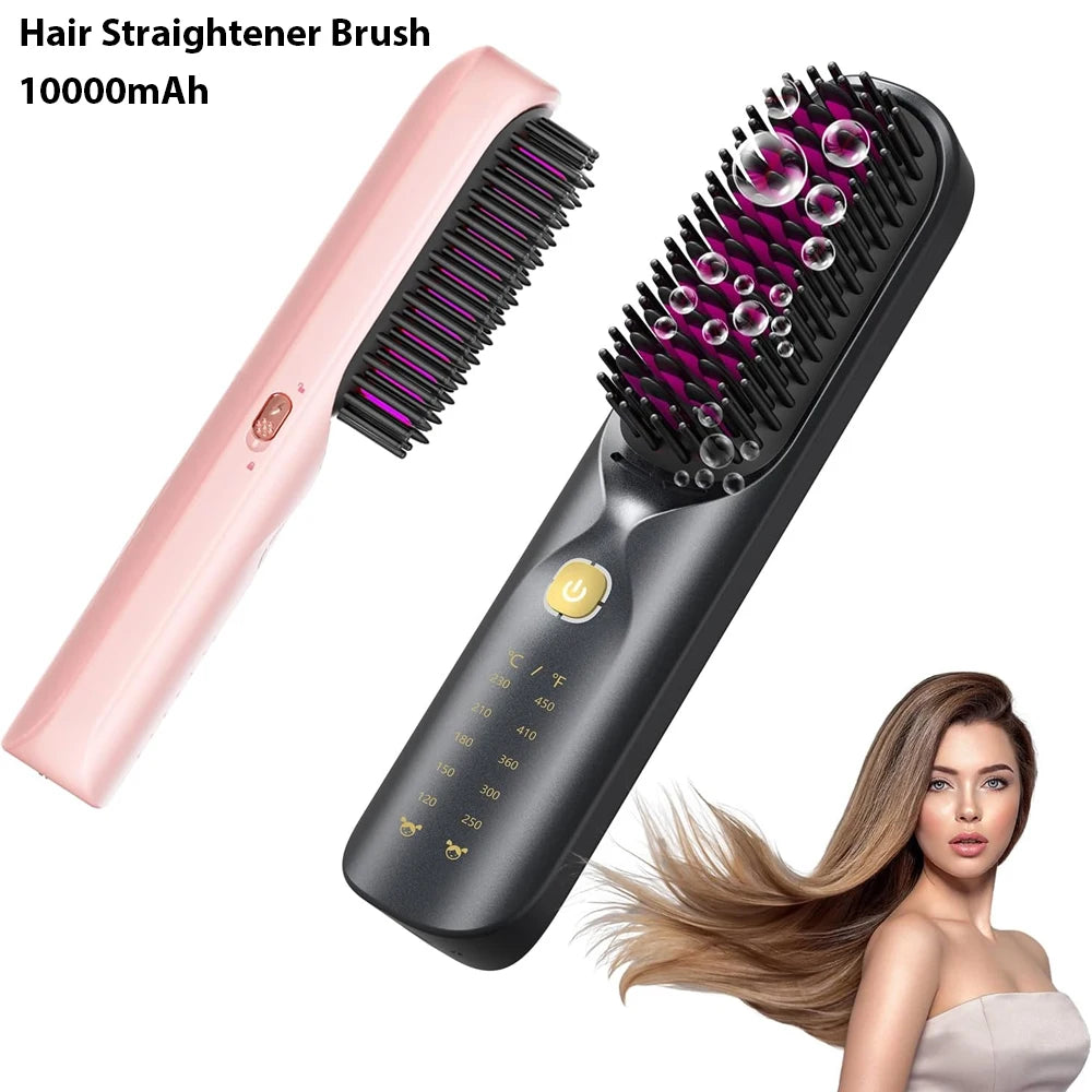 Cordless Hair Straightener Portable Brush 30s Fast Heating 10000mAh Rechargeable 300 Million Negative Ions Straightening Comb