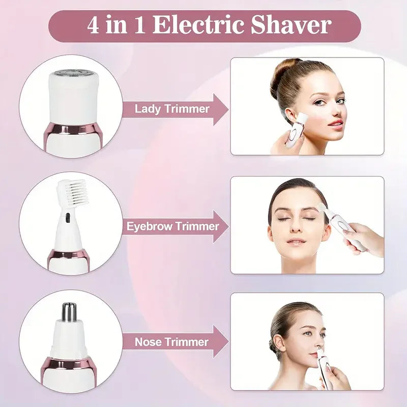 4-in-1 Painless Razor for Women] 4-in-1 Rechargeable Electric Razor for Women - Face, Nose, Legs, Underarm, Bikini Trimmer - Wet