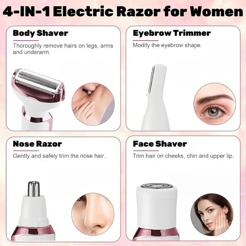 4-in-1 Painless Razor for Women] 4-in-1 Rechargeable Electric Razor for Women - Face, Nose, Legs, Underarm, Bikini Trimmer - Wet