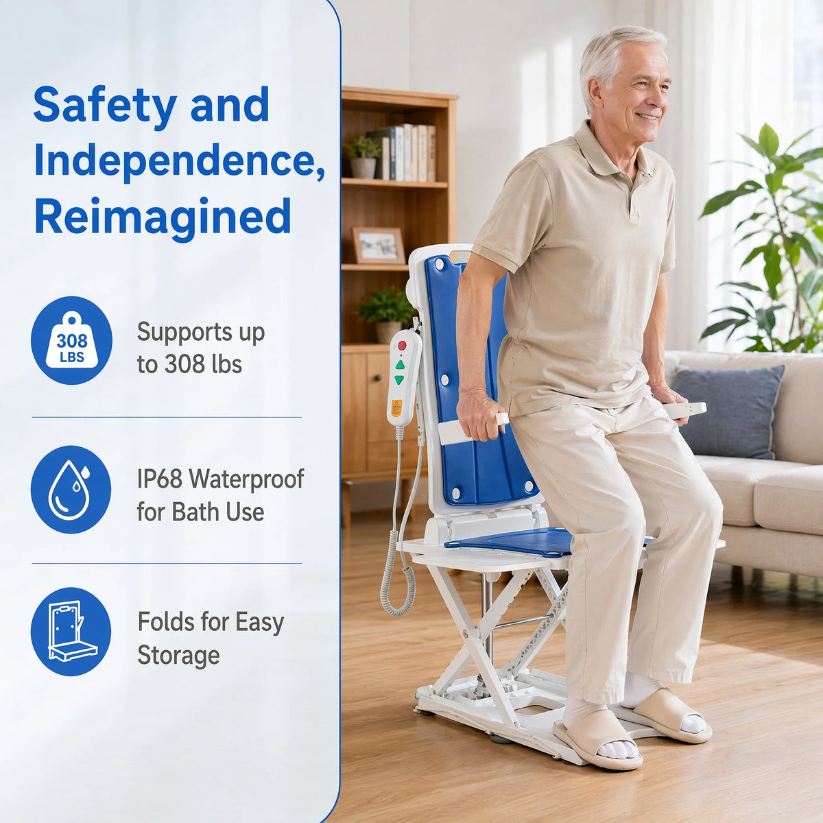 Electric Chair Lift for Elderly, Bath Lift for Tub, 308 lbs | Lift assist, IP68 waterproof, foldable and rechargeable, remote control, adjustable height, for fall recovery and home care