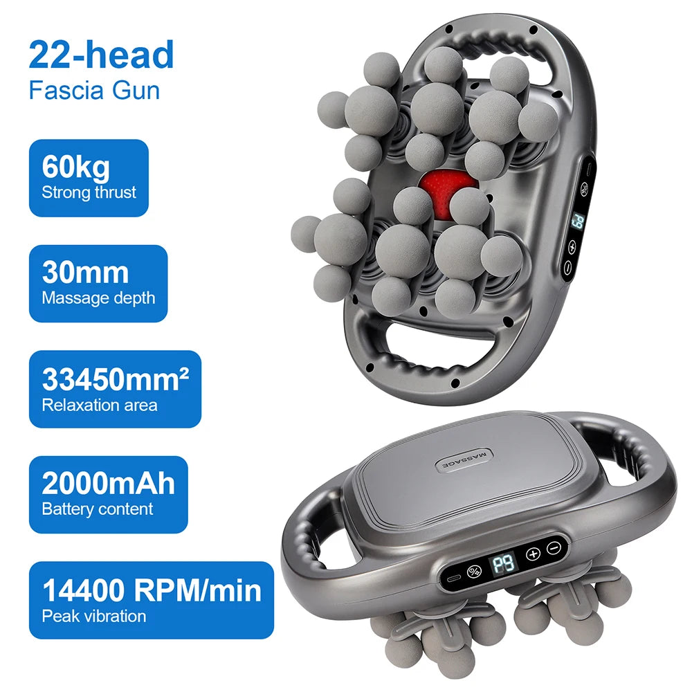 22 Heads Fascia Gun Deep Tissue Muscle Massager with 9 Intensities Red Light Full Body Relaxation for Neck Back Waist Legs Wireless Handheld Massage Gun