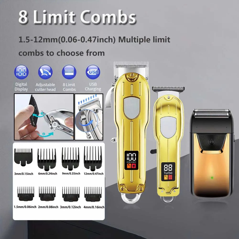 Professional 3-in-1 Hair Clipper Set for Men – Cordless Electric Shaver, T-Blade Trimmer & Hair Clipper with LCD Display, USB Charging, Beard & Hair Grooming Kit for Barber & Home Use , Gifts