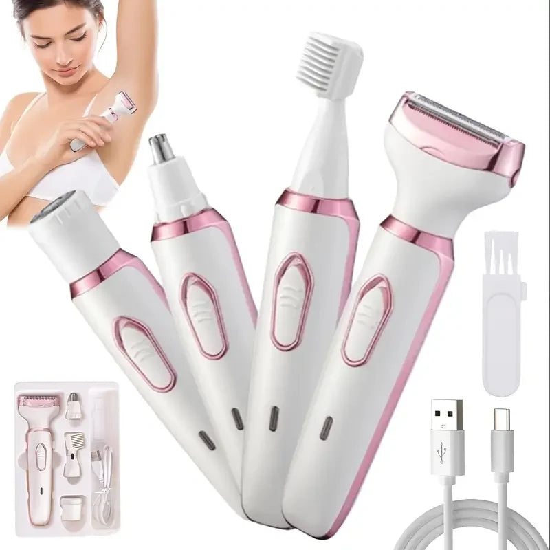 4-in-1 Painless Razor for Women] 4-in-1 Rechargeable Electric Razor for Women - Face, Nose, Legs, Underarm, Bikini Trimmer - Wet