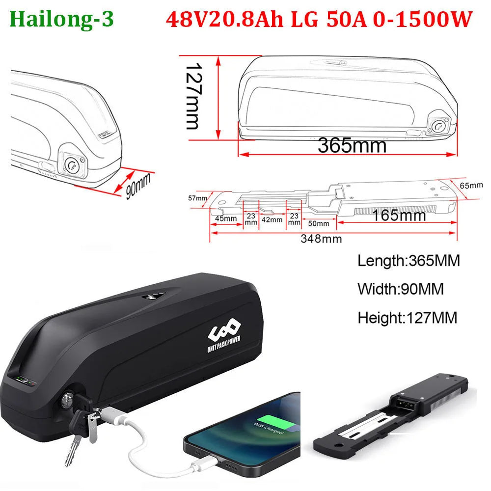 Original 21700 EBike Battery 48V 36V 52V 24Ah 20Ah 19.2Ah 14.4Ah Polly Hailong 18650 Pack for Electric Bicycle 250W-1500W Motor