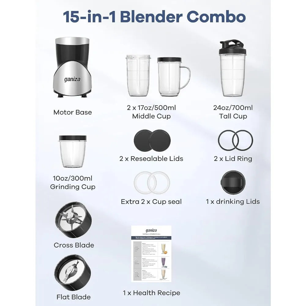 High Speed 900W Personal Blender Grinder Combo with 15 Pieces 4 Portable Cups Recipe