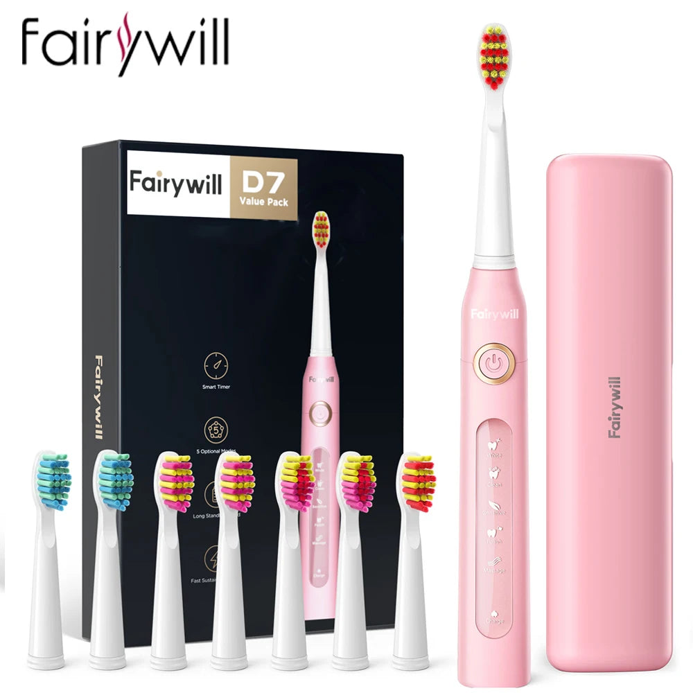 Fairywill Electric Sonic Toothbrush FW-507 USB Charge Rechargeable Adult Waterproof Electronic Tooth Brushes Replacement Heads 8