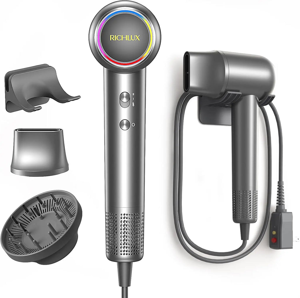 160000 RPM High Speed Ionic Hair Dryer,500 Million Negative Ions, Magnetic Concentrator Diffuser Nozzles + Wall Mount Bracket, Professional Low Noise Fast Drying Blow Dryer for Home Salon with RGB Light Ring