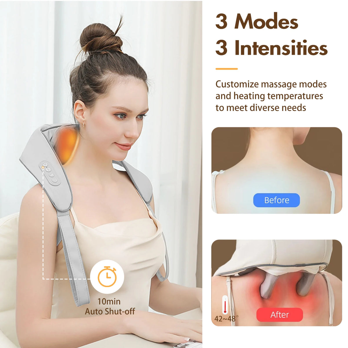 Cordless Electric Neck Massager 6D Kneading Shiatsu Back Massager Soothing Heat Pain Relief Deep Tissue for Shoulder Leg Body