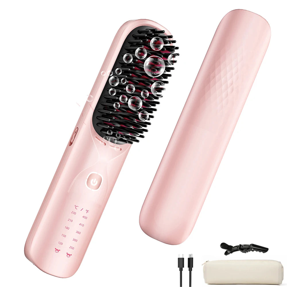 Cordless Hair Straightener Portable Brush 30s Fast Heating 10000mAh Rechargeable 300 Million Negative Ions Straightening Comb