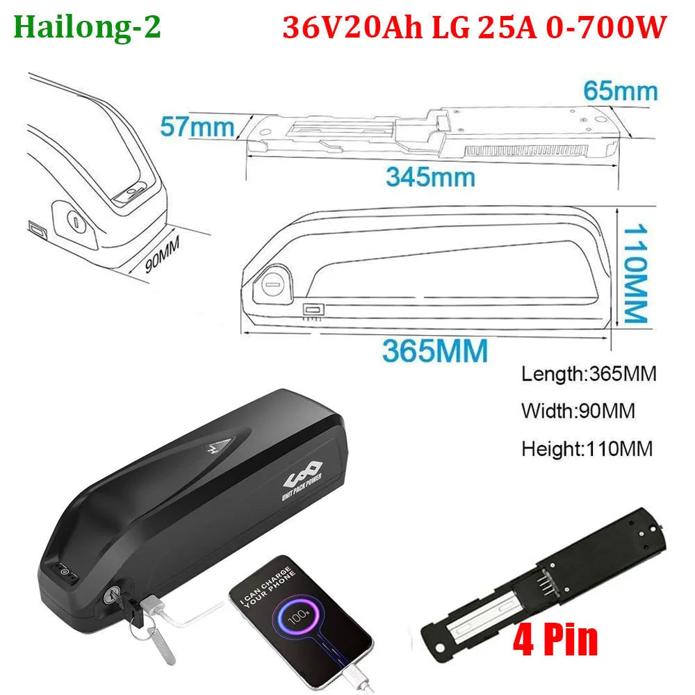Original 21700 EBike Battery 48V 36V 52V 24Ah 20Ah 19.2Ah 14.4Ah Polly Hailong 18650 Pack for Electric Bicycle 250W-1500W Motor