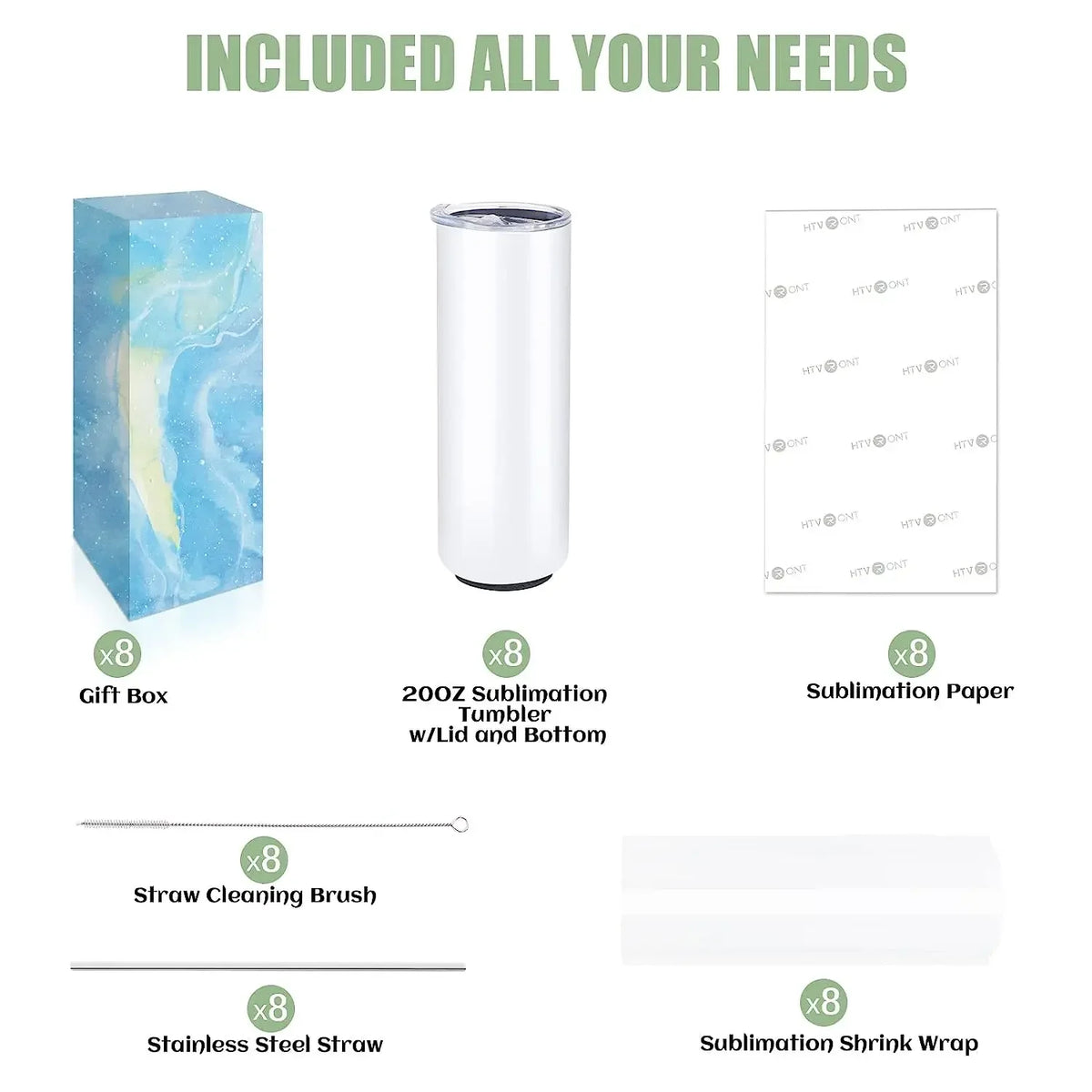 HTVRONT 8 Pack 20 OZ Sublimation Tumbler Blanks Skinny Straight in Bulk, Stainless Steel Insulated Sublimation Tumbler