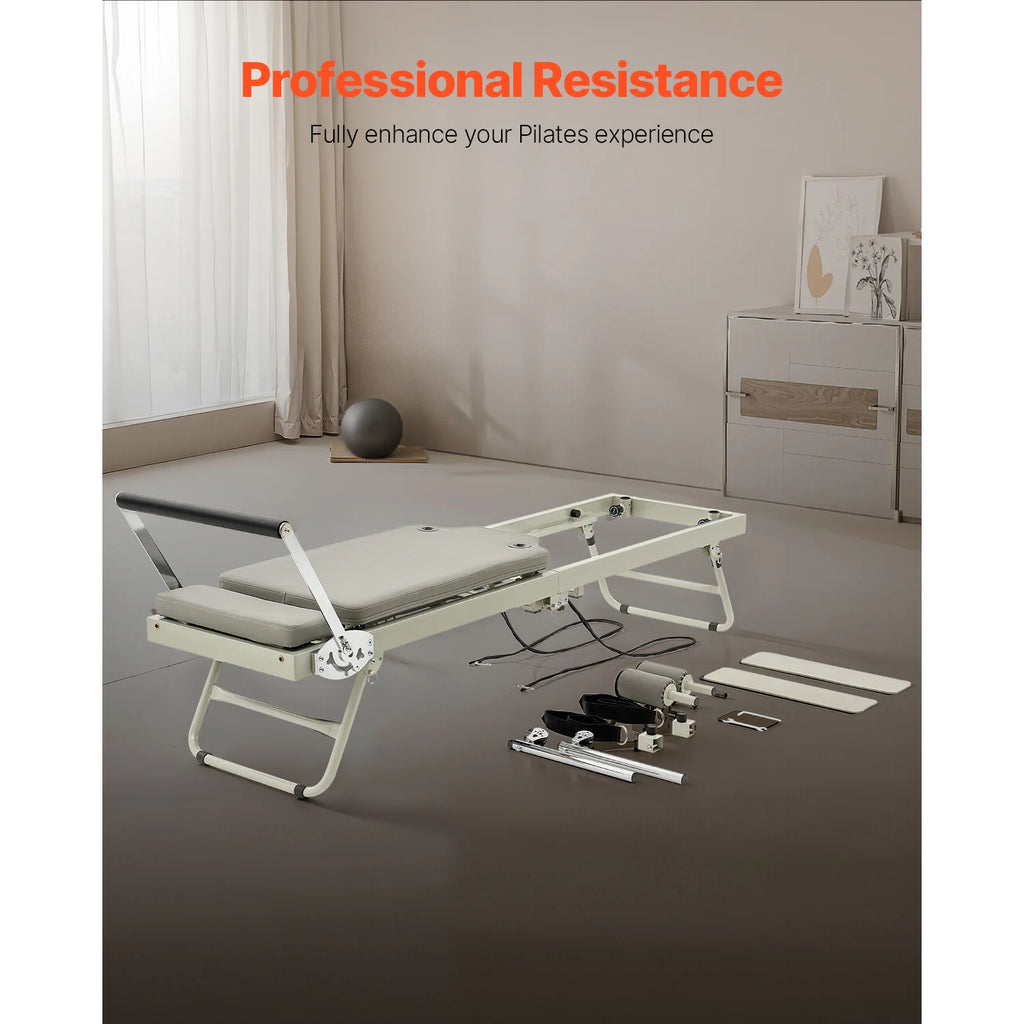 SucceBuy Foldable Pilates Reformer Pilates Workout Machine for Home Gym Studio Use Pilates Bed with Dual Resistance-Spring&Cord