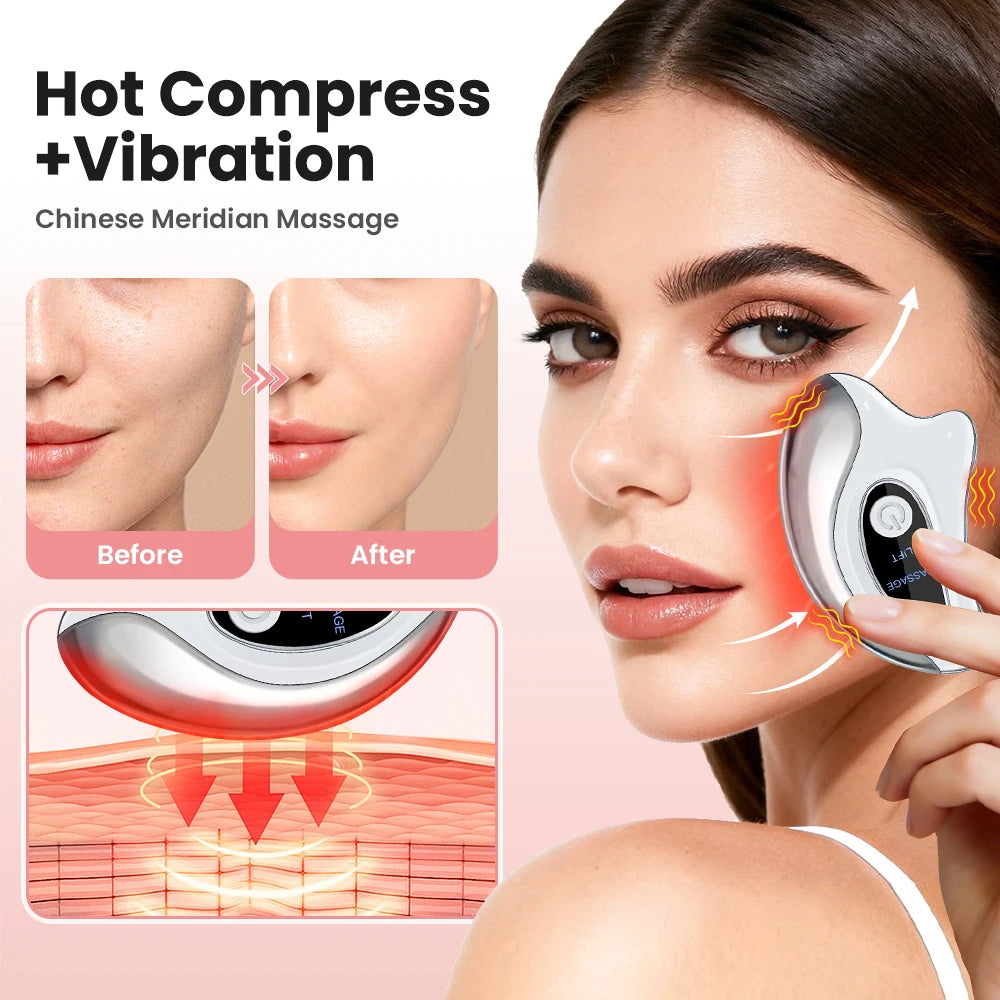 Electric Gua Sha Face Massager with Heated Vibration Double Chin Skin Lifting & Firming Tool Facial Scraping Device