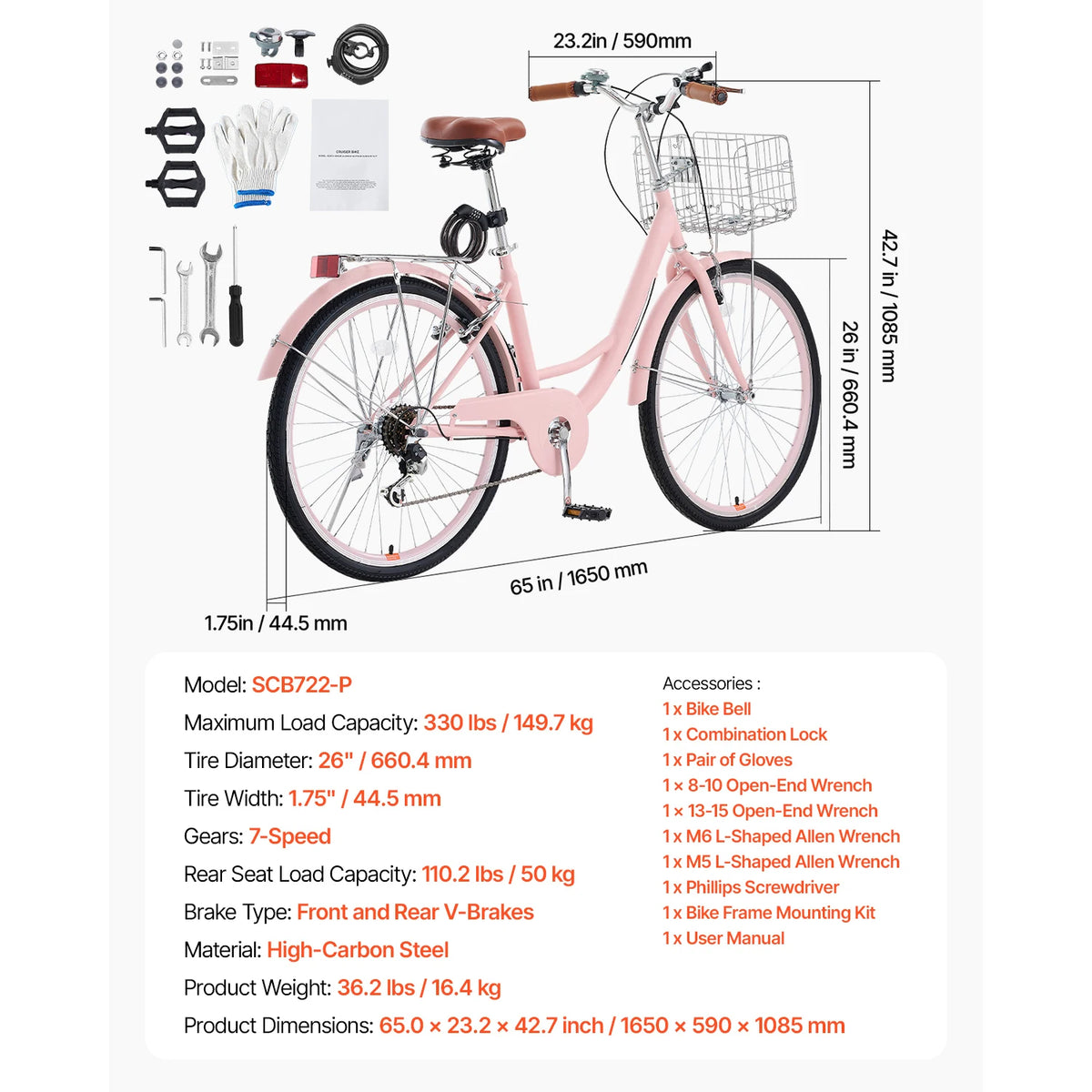 SucceBuy Cruiser Bike 24/26Inch Beach Cruiser Bike with Basket Rear Rack Adjustable Seat, Fits for Cycling, Exercise & Shopping