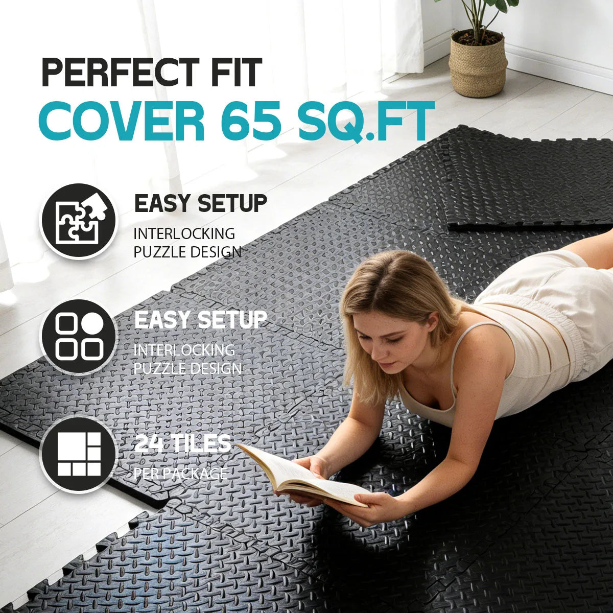 Puzzle Exercise Mat 0.4in, EVA Interlocking Foam Floor Tiles for Home Gym, Mat for Home Workout Equipment, 20in X 20in-In-64sqft.