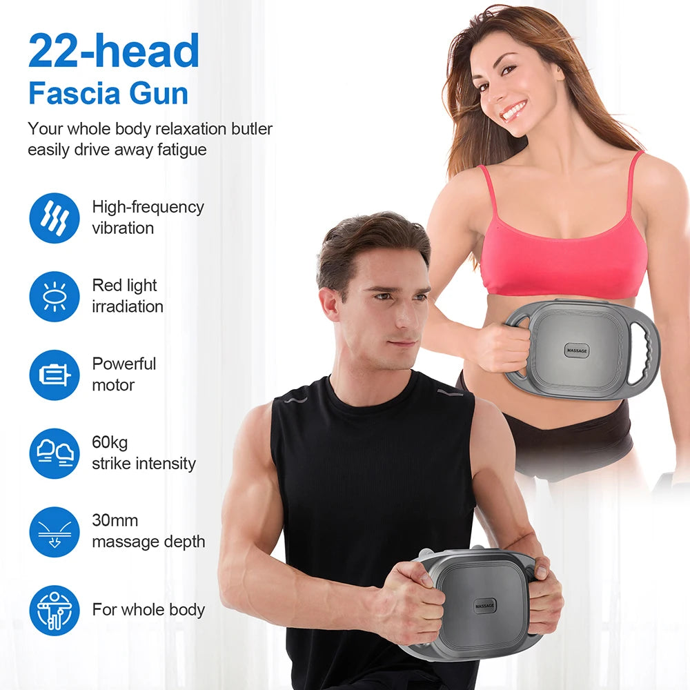 22 Heads Fascia Gun Deep Tissue Muscle Massager with 9 Intensities Red Light Full Body Relaxation for Neck Back Waist Legs Wireless Handheld Massage Gun