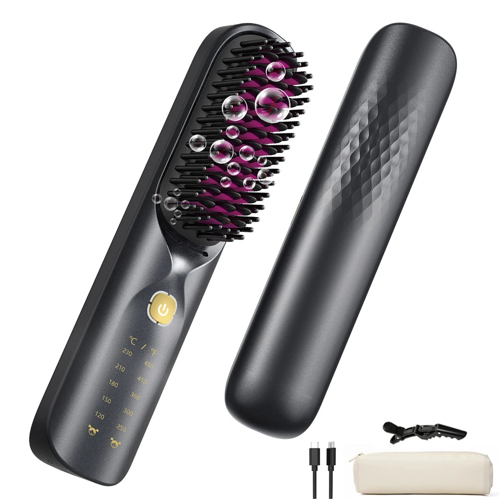 Cordless Hair Straightener Portable Brush 30s Fast Heating 10000mAh Rechargeable 300 Million Negative Ions Straightening Comb