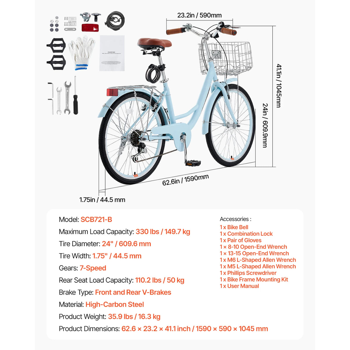 SucceBuy Cruiser Bike 24/26Inch Beach Cruiser Bike with Basket Rear Rack Adjustable Seat, Fits for Cycling, Exercise & Shopping
