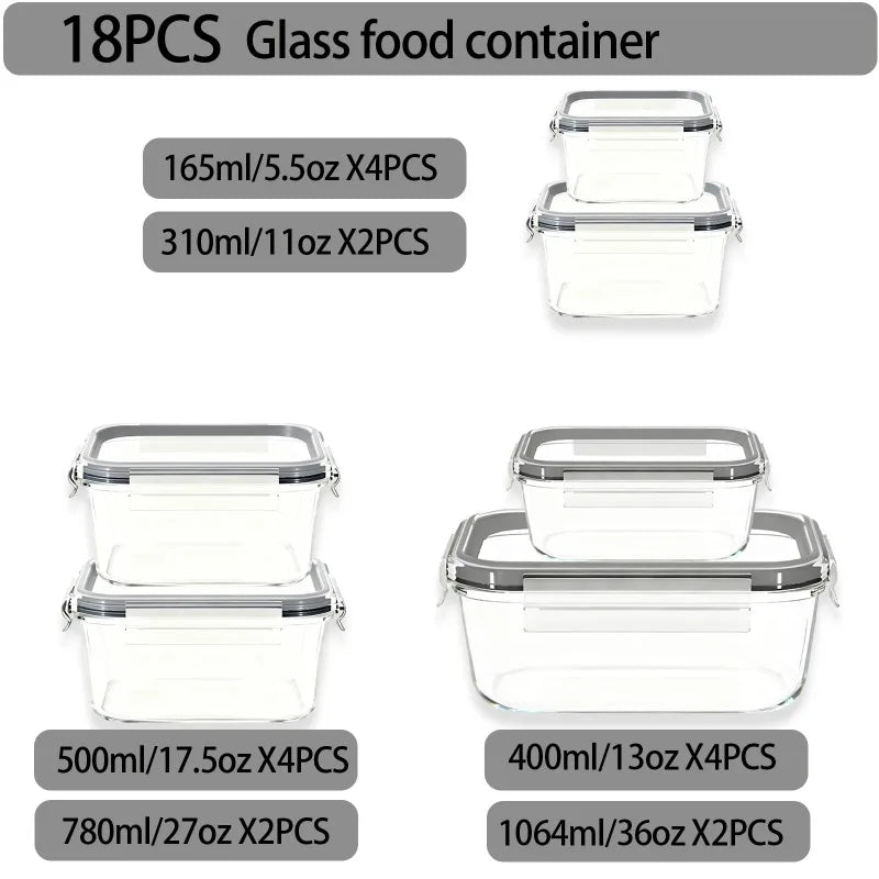 18‑Pack Glass Food Storage Containers with Airtight Lids, Leak‑Proof Clear Glass Meal‑Prep Boxes, Stackable Microwave Freezer Dishwasher‑Safe Lunch Container Set for Kitchen Food Storage