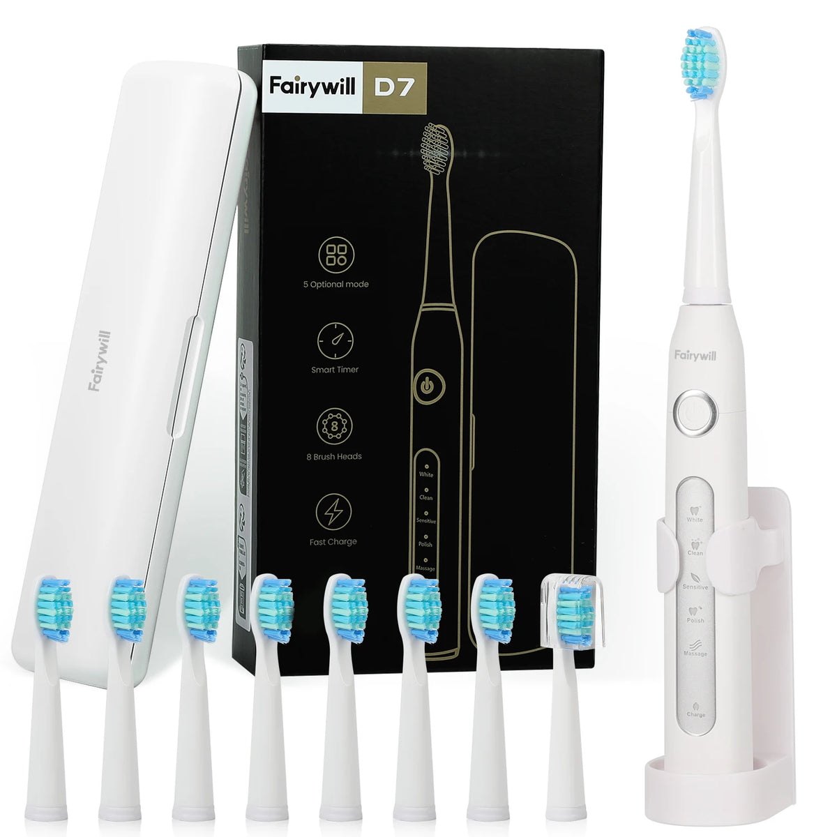 Fairywill Electric Sonic Toothbrush FW-507 USB Charge Rechargeable Adult Waterproof Electronic Tooth Brushes Replacement Heads 8
