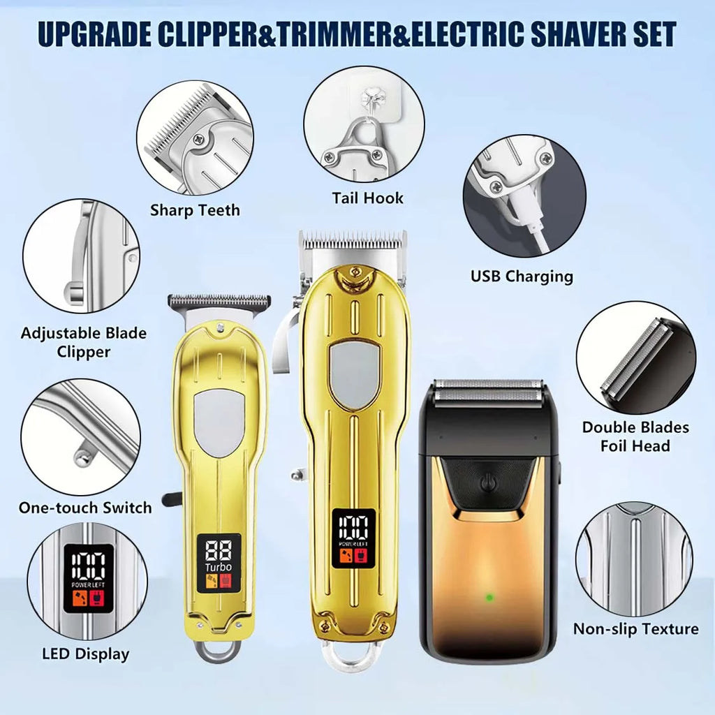 Professional 3-in-1 Hair Clipper Set for Men – Cordless Electric Shaver, T-Blade Trimmer & Hair Clipper with LCD Display, USB Charging, Beard & Hair Grooming Kit for Barber & Home Use , Gifts
