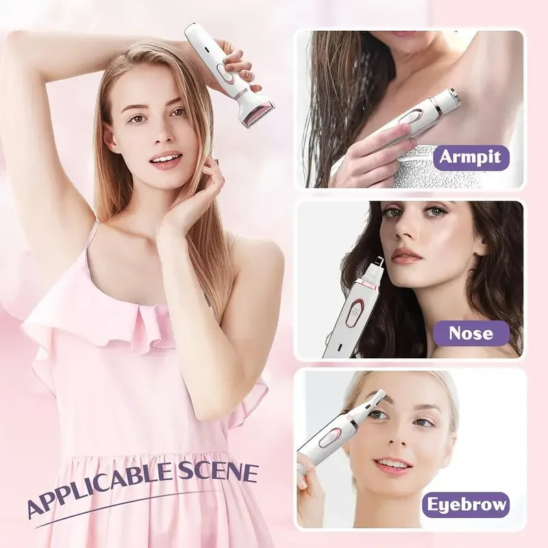 4-in-1 Painless Razor for Women] 4-in-1 Rechargeable Electric Razor for Women - Face, Nose, Legs, Underarm, Bikini Trimmer - Wet