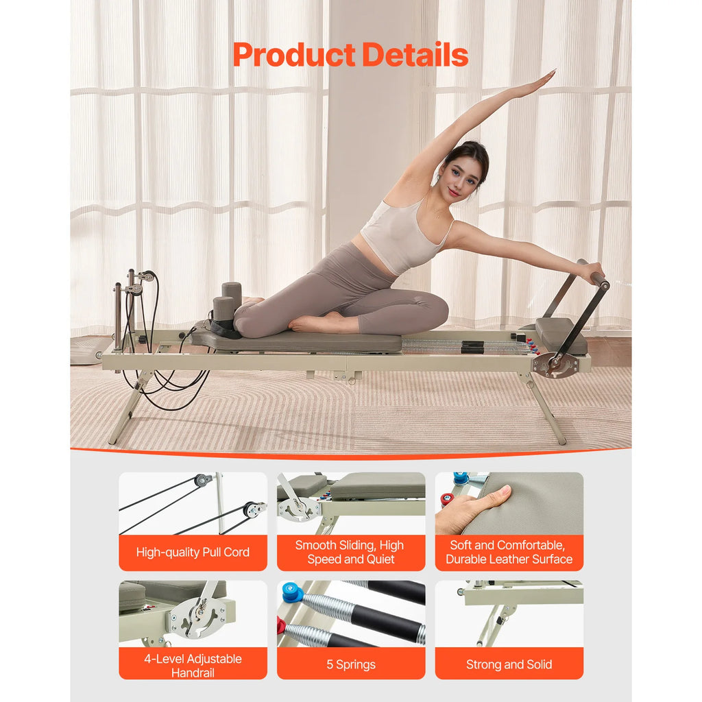 SucceBuy Foldable Pilates Reformer Pilates Workout Machine for Home Gym Studio Use Pilates Bed with Dual Resistance-Spring&Cord