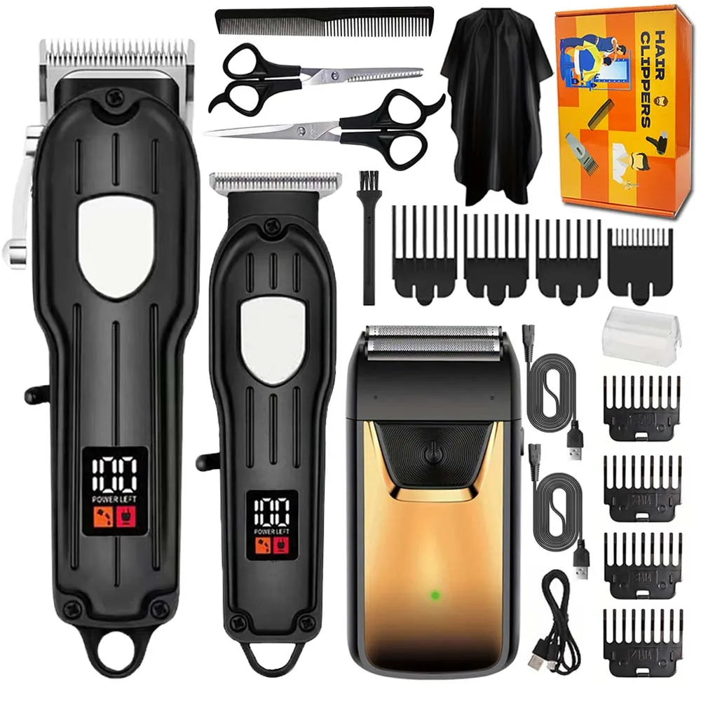 Professional 3-in-1 Hair Clipper Set for Men – Cordless Electric Shaver, T-Blade Trimmer & Hair Clipper with LCD Display, USB Charging, Beard & Hair Grooming Kit for Barber & Home Use , Gifts
