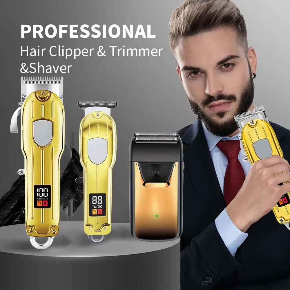 Professional 3-in-1 Hair Clipper Set for Men – Cordless Electric Shaver, T-Blade Trimmer & Hair Clipper with LCD Display, USB Charging, Beard & Hair Grooming Kit for Barber & Home Use , Gifts