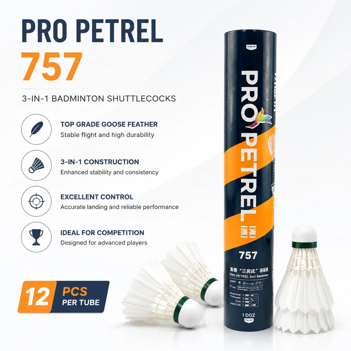 Pro Petrel 757 3in1 Hybrid Badminton Shuttlecocks 12Pcs Goose Feather PU Cork Speed 75-78 Durable Indoor Outdoor Training