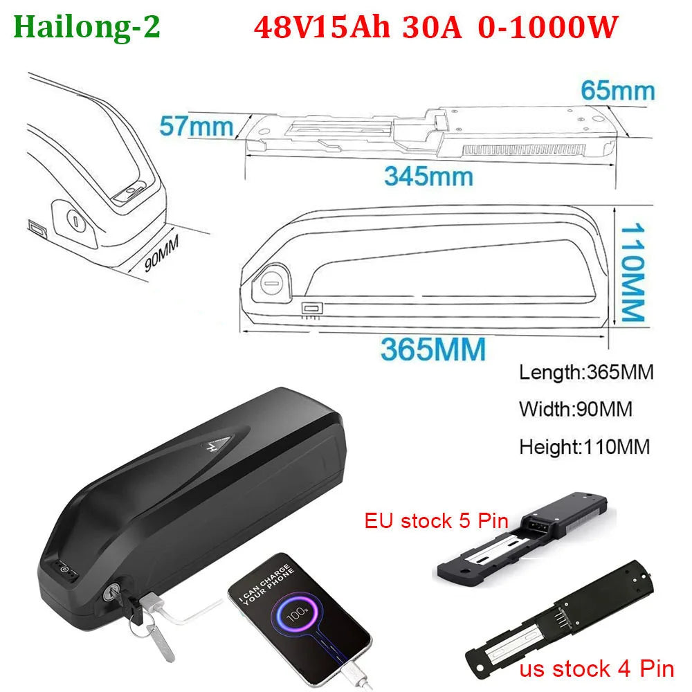 Original 21700 EBike Battery 48V 36V 52V 24Ah 20Ah 19.2Ah 14.4Ah Polly Hailong 18650 Pack for Electric Bicycle 250W-1500W Motor