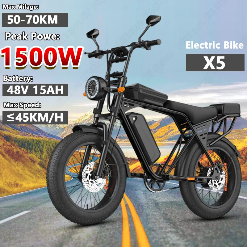X5 E Bike 1500W Peak Power 48V15AH Removable Battery Electric Bike Dual Disc Brake 20-Inch All-terrain Fat Tire Electric Bicycle